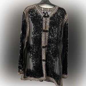 Women’s Sheer Black Evening Jacket Cardigan Kimono. Metallic Gold. Size XL